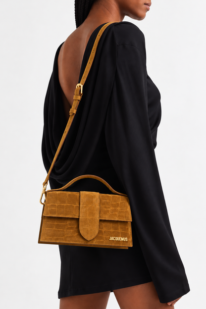 JACQUEMUS Le Grand Bambino Bag In Croc Embossed Calfskin Suede | Mustard