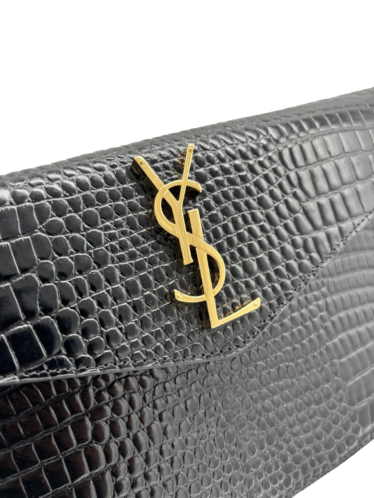 SAINT LAURENT Uptown Clutch Bag In Shiny Crocodile Embossed Leather