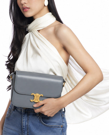CELINE Classique Triomphe Bag In Shiny Calfskin | Blue Gris