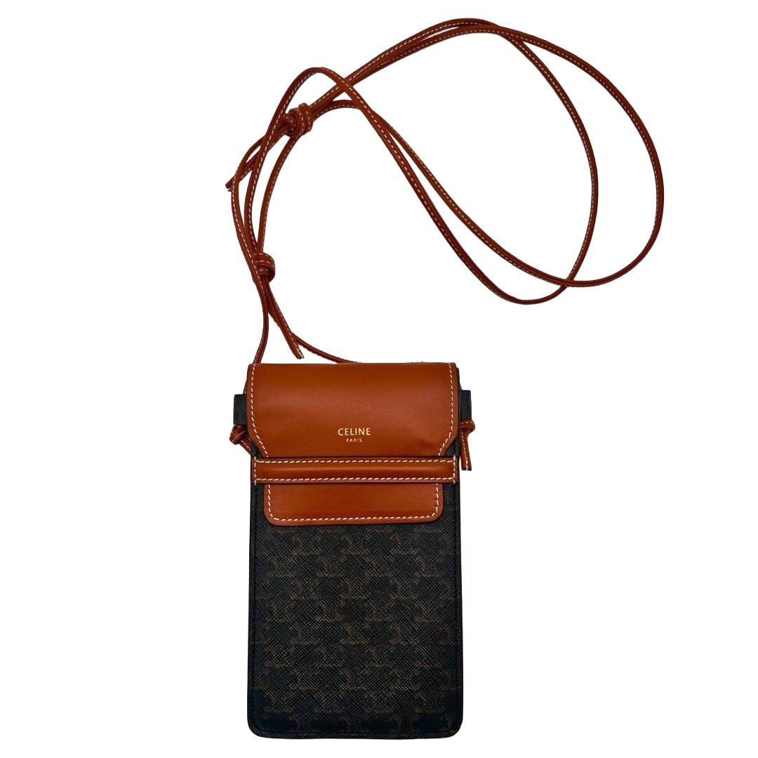 Celine Phone Pouch with Flap in Triomphe Canvas and Lambskin