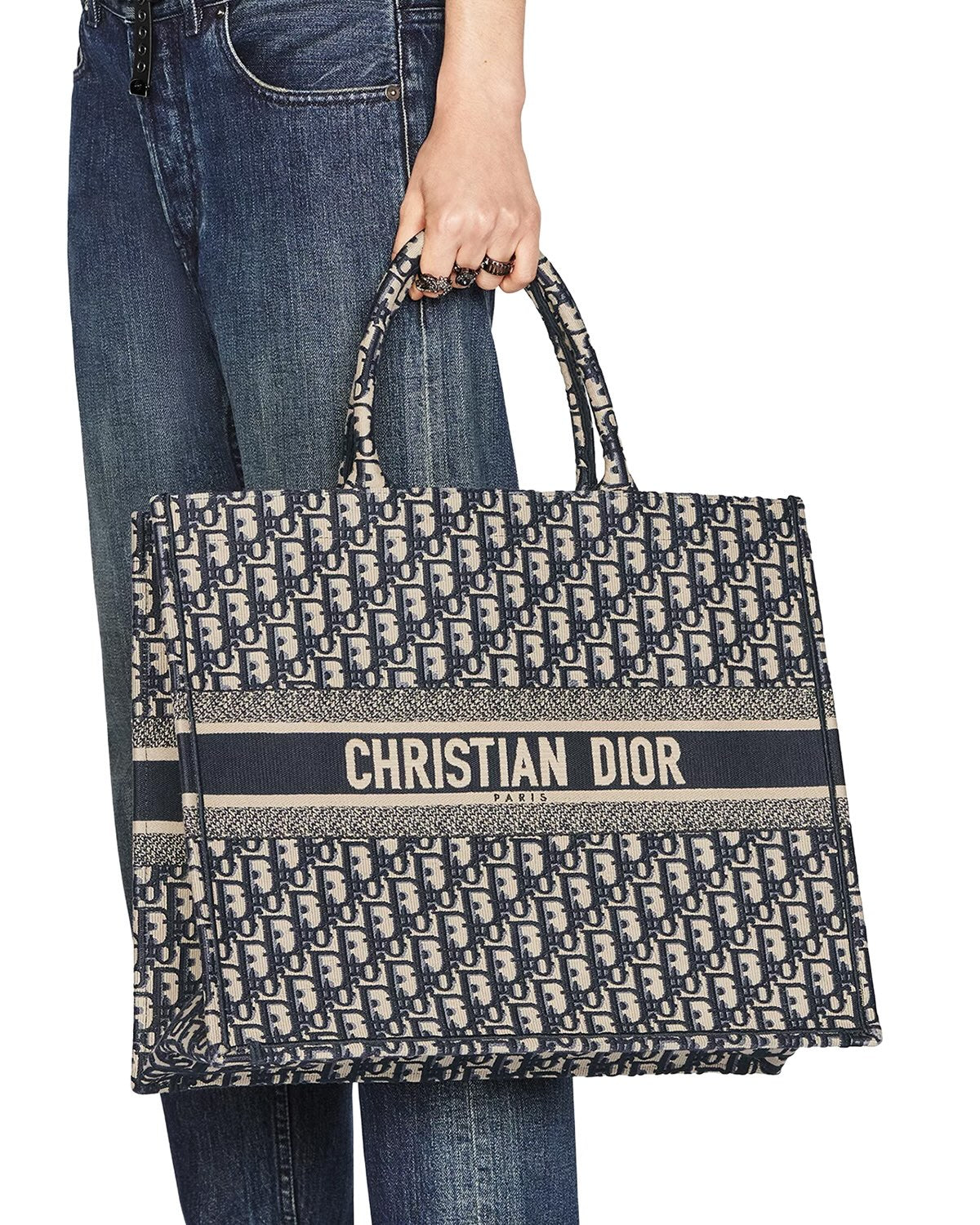 DIOR Large Book Tote Oblique Embroidery | Ecru/Blue