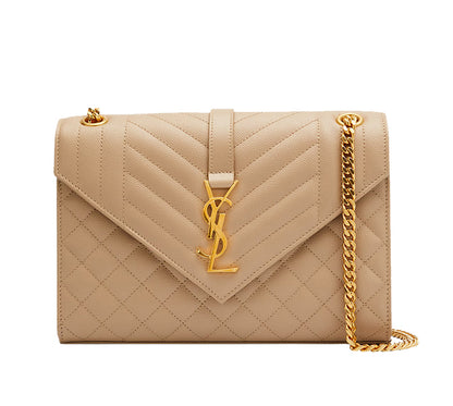 SAINT LAURENT Medium Envelope Bag In Quilted Grain De Poudre Calfskin Leather | Dark Beige