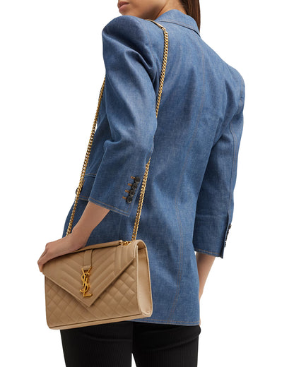 SAINT LAURENT Medium Envelope Bag In Quilted Grain De Poudre Calfskin Leather | Dark Beige