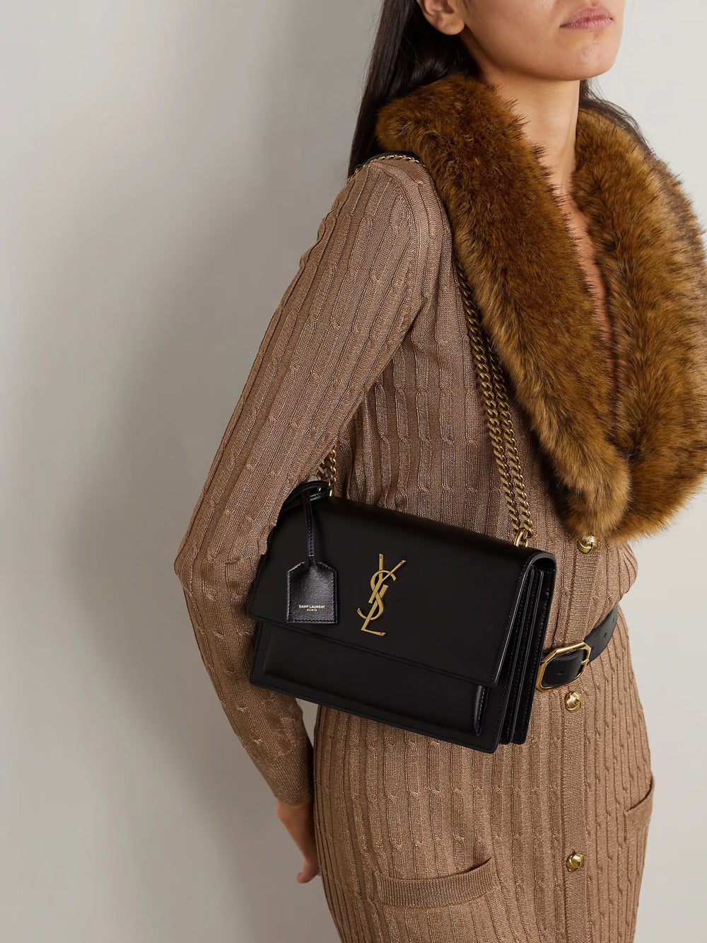 SAINT LAURENT Medium Sunset Bag In Smooth Calfskin Leather | Black With Bronze