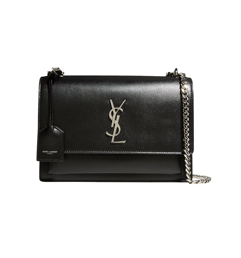 SAINT LAURENT Medium Sunset Bag In Smooth Calfskin Leather | Black With Silver