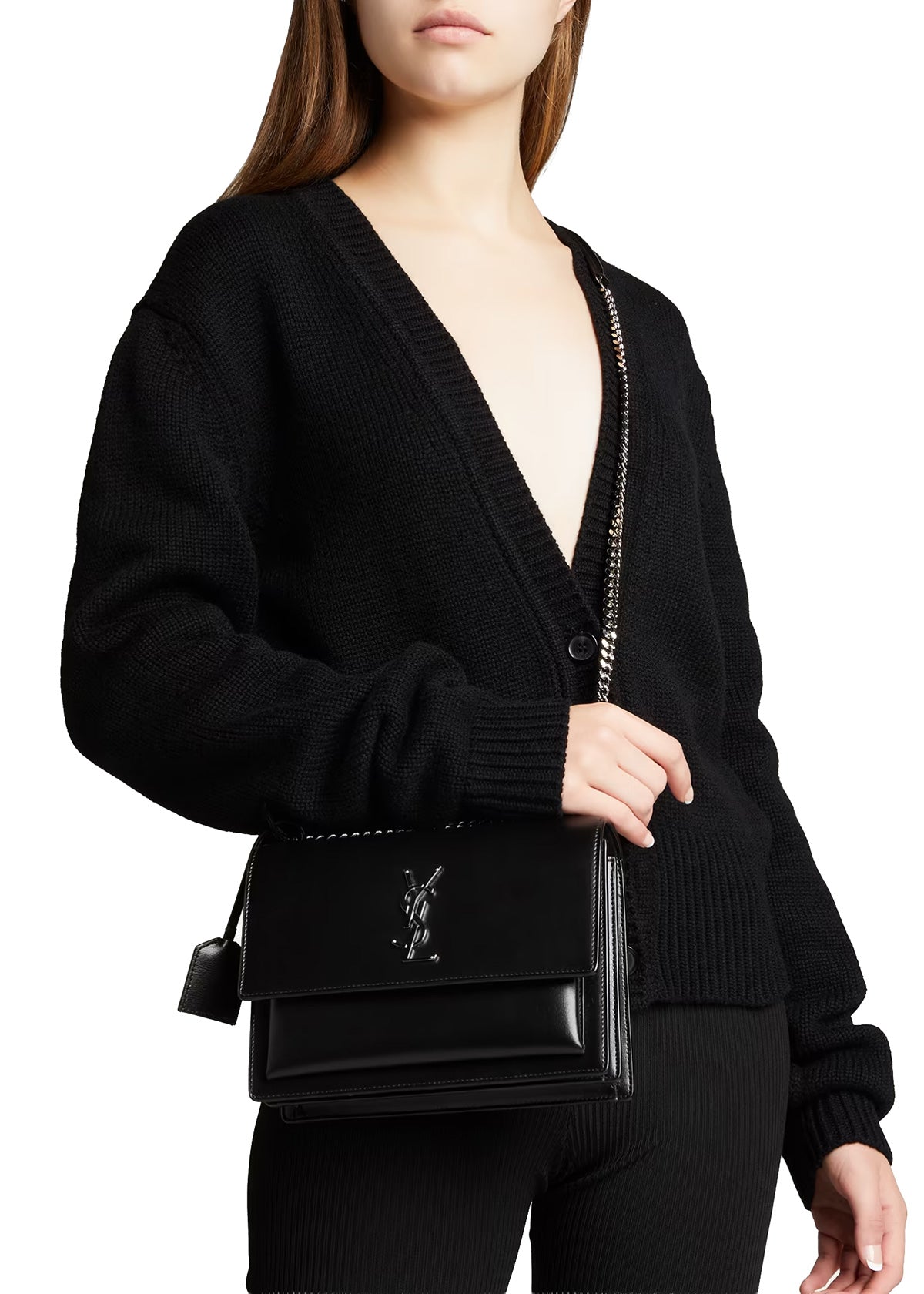 SAINT LAURENT Medium Sunset Bag In Smooth Calfskin Leather | Black With Silver