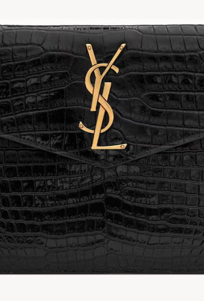 SAINT LAURENT Uptown Clutch Bag In Shiny Crocodile Embossed Leather