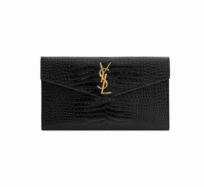 SAINT LAURENT Uptown Clutch Bag In Shiny Crocodile Embossed Leather