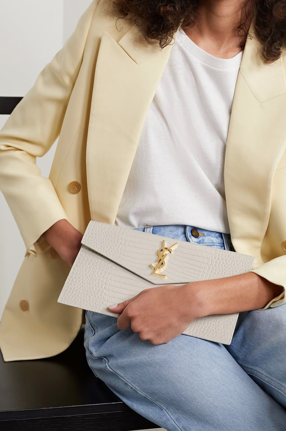 SAINT LAURENT Uptown Pouch In Shiny Croc Embossed Calfskin Leather | White