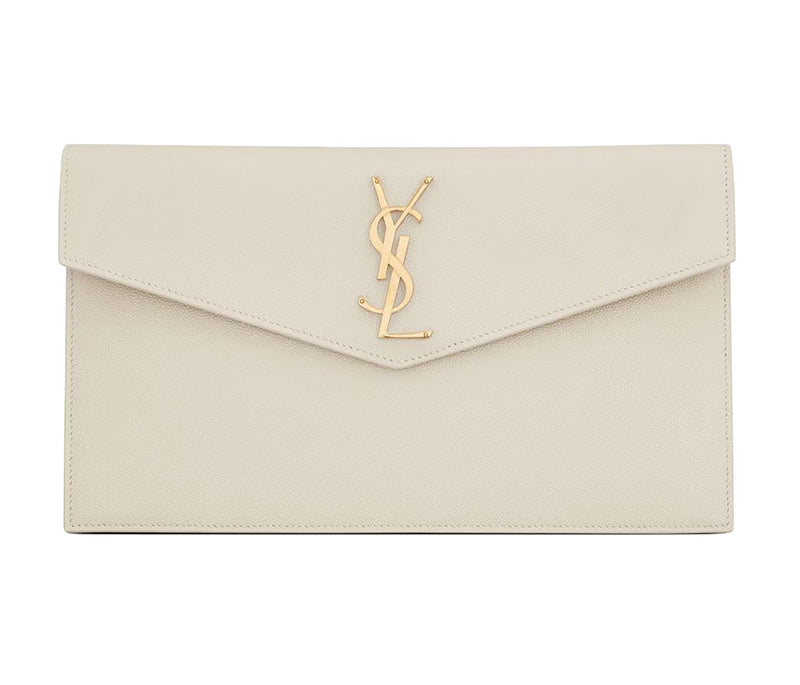 SAINT LAURENT Uptown Pouch In Grain de Poudre Embossed Calfskin Leather | Vintage White