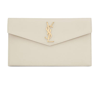SAINT LAURENT Uptown Pouch In Grain de Poudre Embossed Calfskin Leather | Vintage White